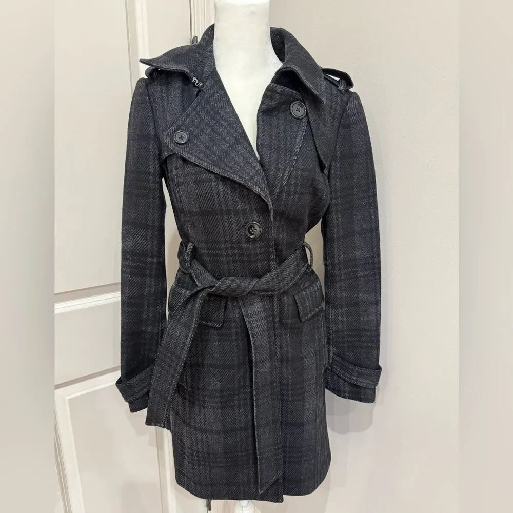 Banana Republic Women's Black Plaid Trench Coat Size X-Small Italian Fabric
